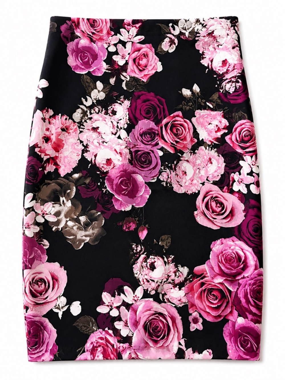 Black Pencil Skirt with Pink Floral Print